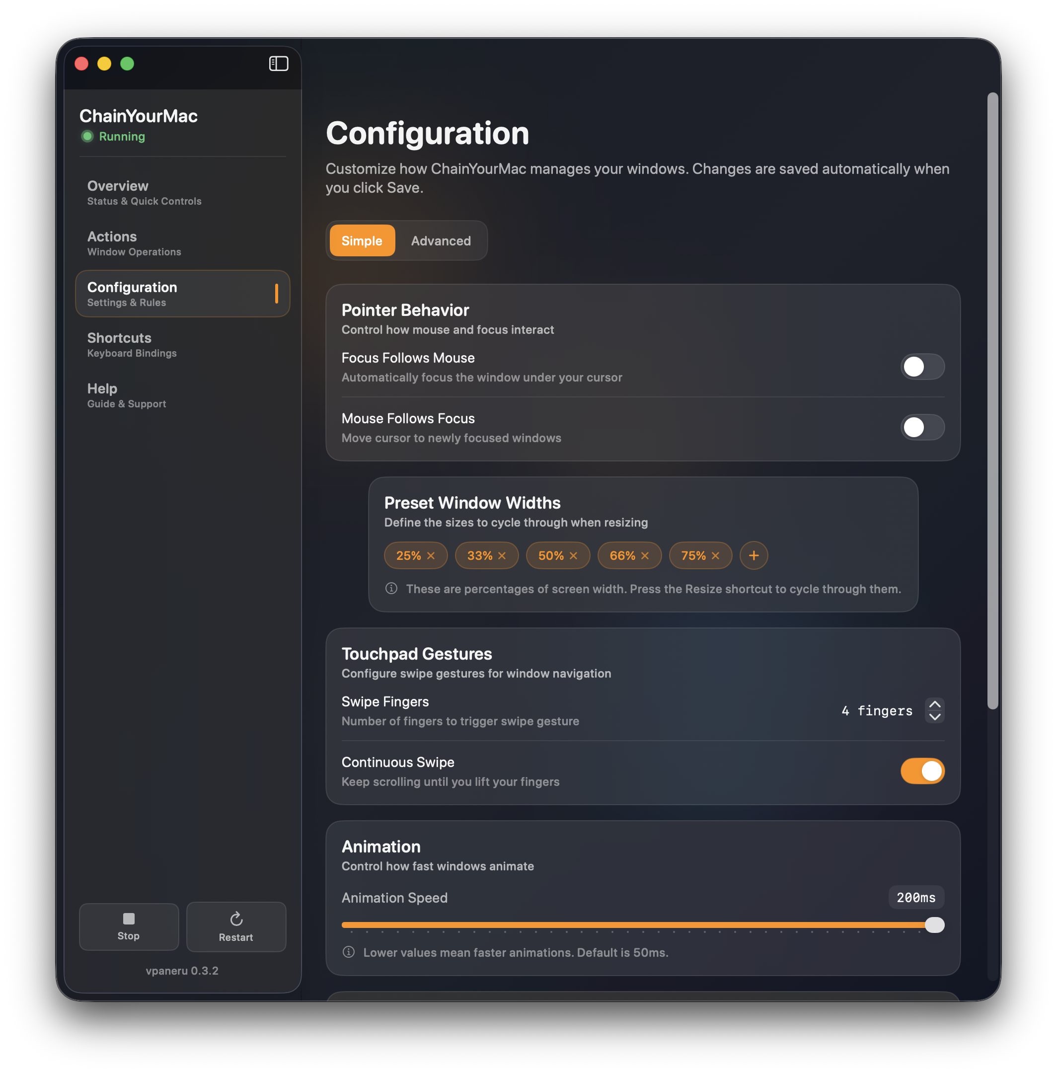 ChainYourMac configuration panel showing pointer behavior, preset window widths, trackpad gestures, and animation settings