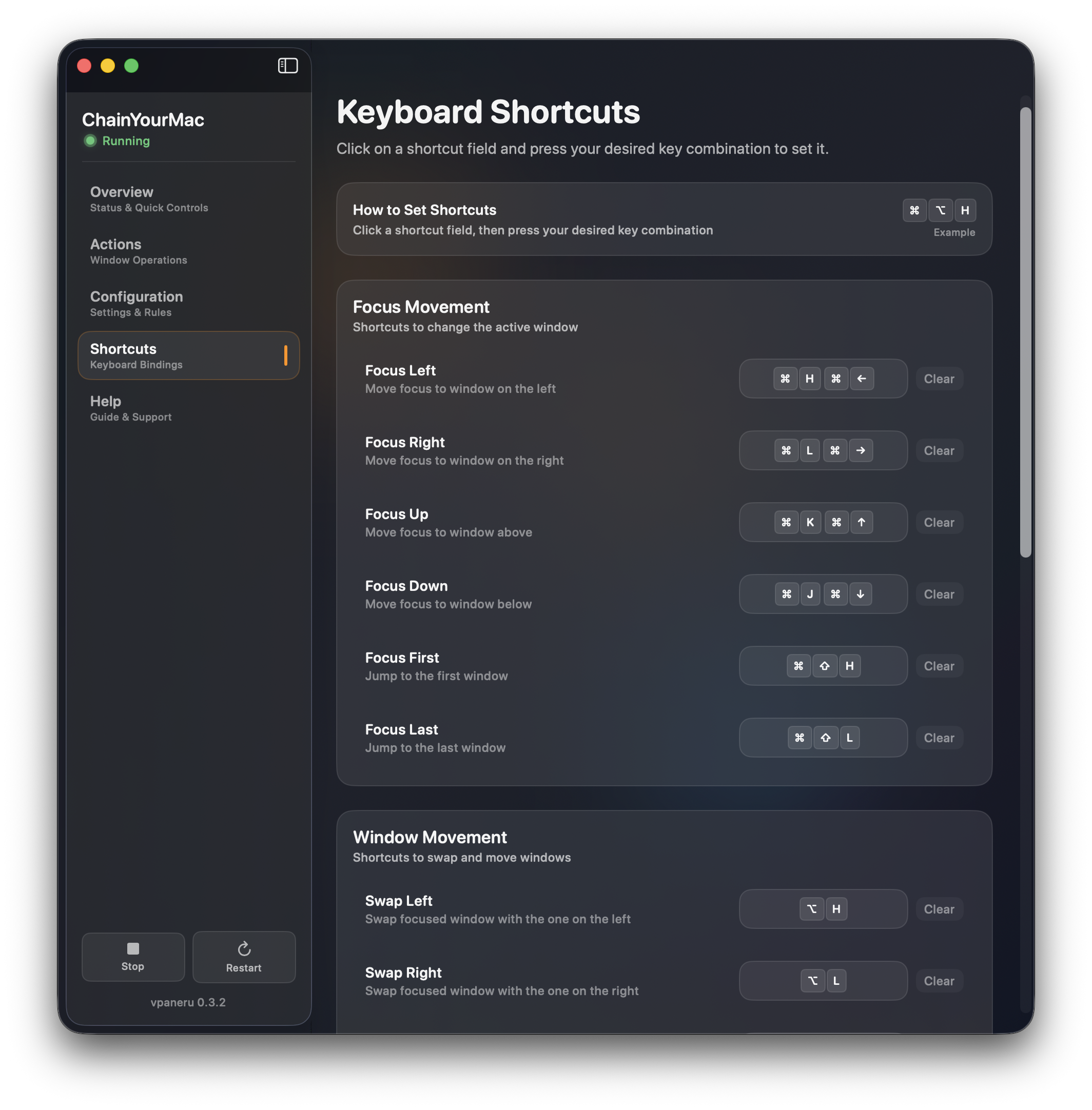 ChainYourMac keyboard shortcuts panel showing customizable focus and swap bindings
